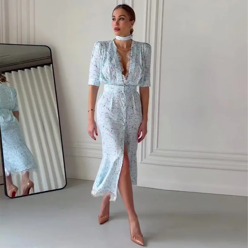 

Elegant Lace Trimmed Printed Dress Women Chic Deep V-neck Waist Cinching Split Short Sleeve Maxi Dress Lady Party Vestidos 2026