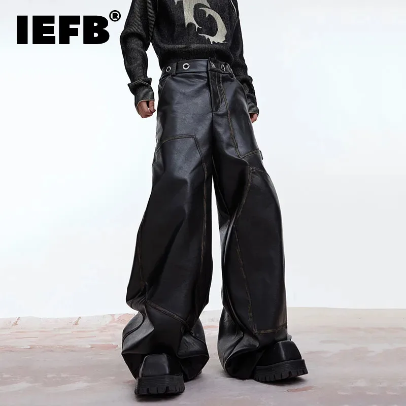 

IEFB Vintage Men's Distressed PU Leather Pants Segmented Metal Niche Desige Wide Leg Casual Trousers 2023 Autumn New Tide 9C3108