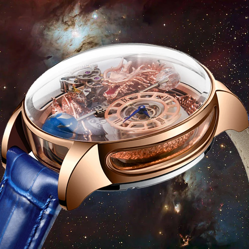 PINDU Watches Celestial  Art Hand Engraved Dragon Watch Men Ransparent Back Cover Design Rose Gold Leather Quartz Watch Relogio