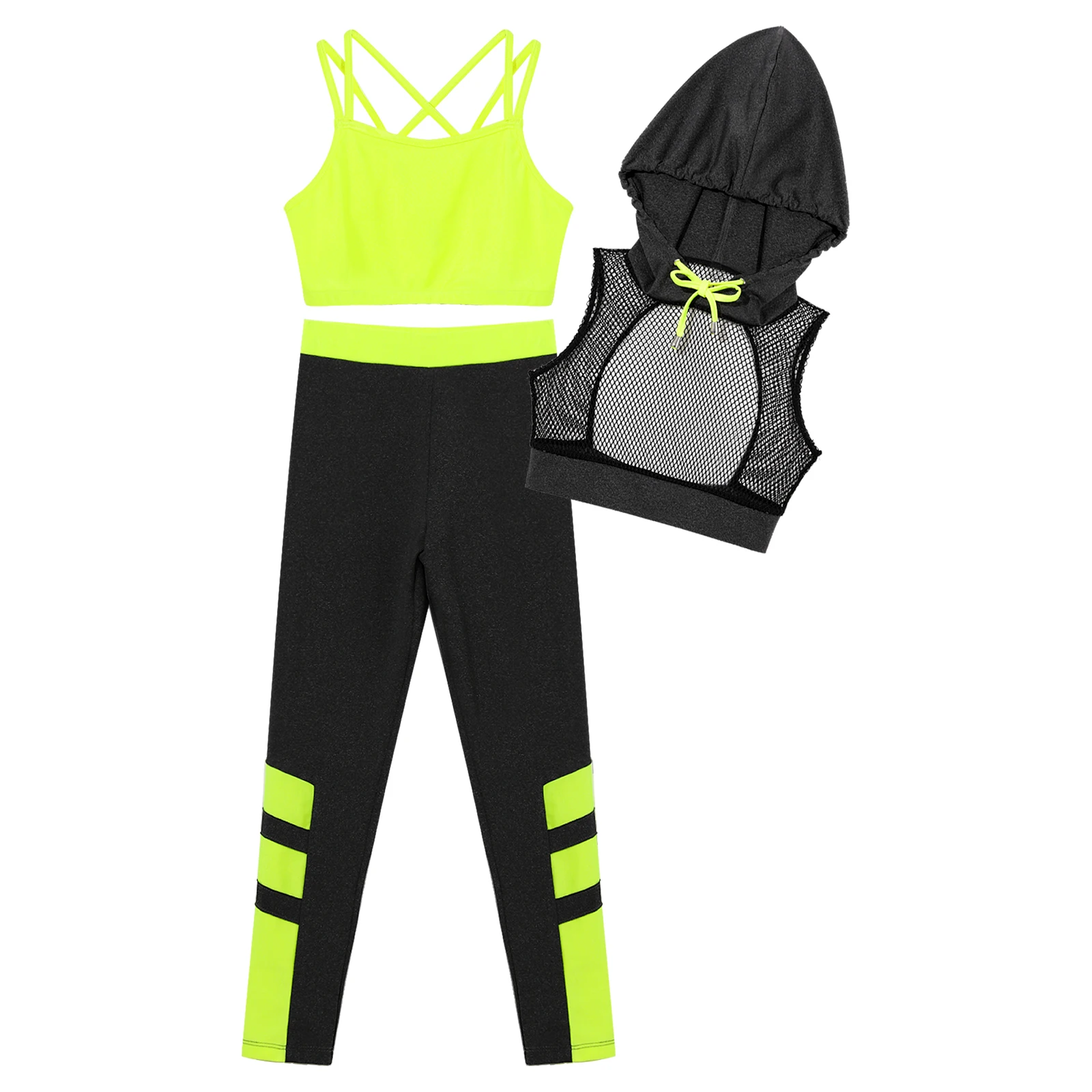 

3Pcs Kids Girls Sport Set Camisole Hooded Mesh Crop Top Vest+Leggings Pants Suit Street Hip-hop Dance Costumes Casual Sportswear