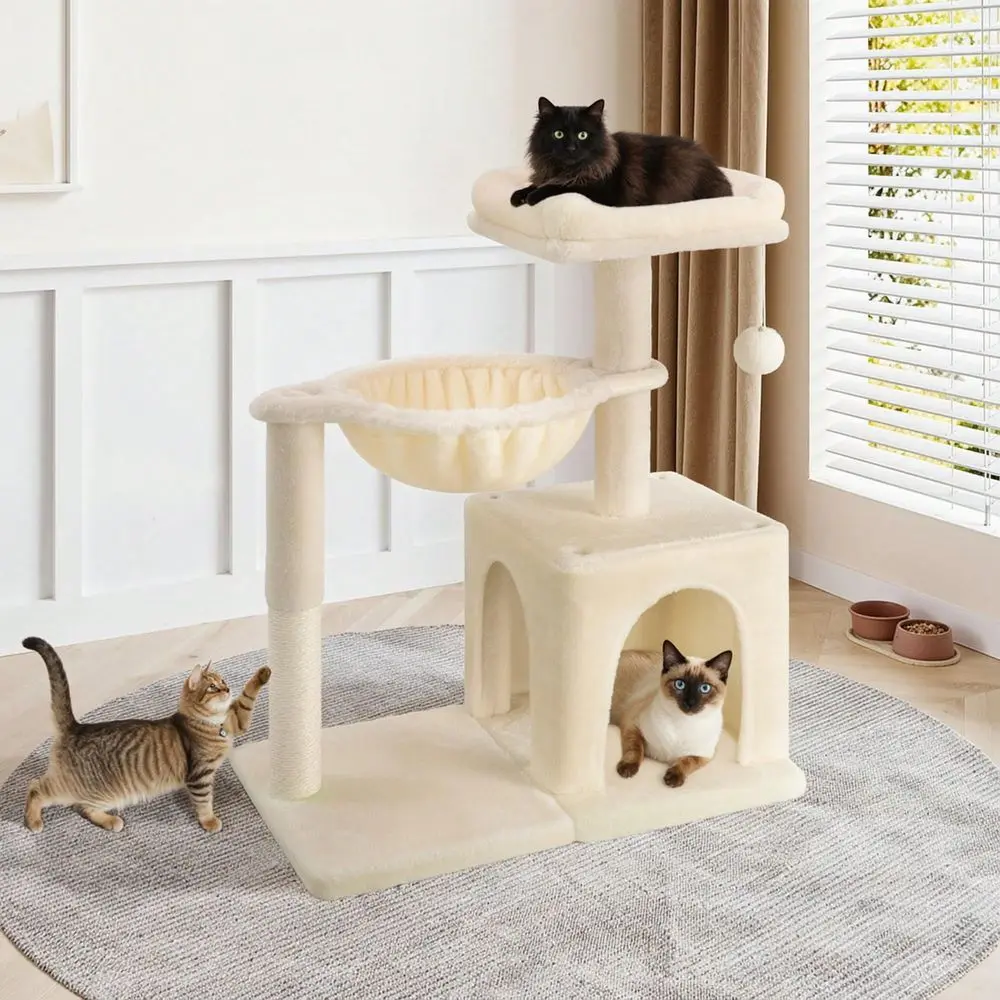 

29.5 In Indoor Cat Tree, MultiLevel Cat Tower With Sisal ching Posts, Padded Perch, Basket, Condo, And Hanging Ball, Suita