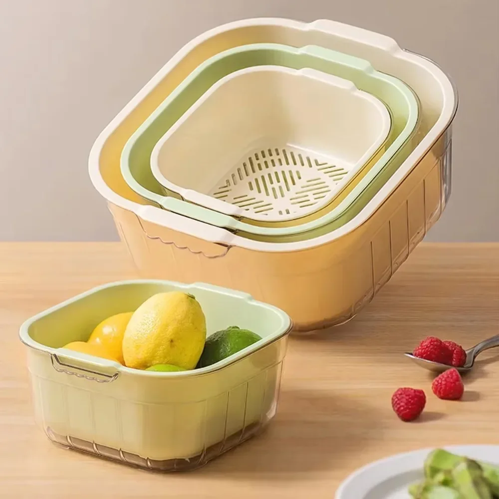 2024 Double-layer Drain Basket for Washing Fruits and Vegetables, Split Handle Design for Quick Draining Kitchen Washing Basin