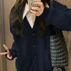 Initial Hidden Blue V-neck Sweater with Female Design Sense Niche Knit Sweater New Lazy and Loose Cardigan Jacket