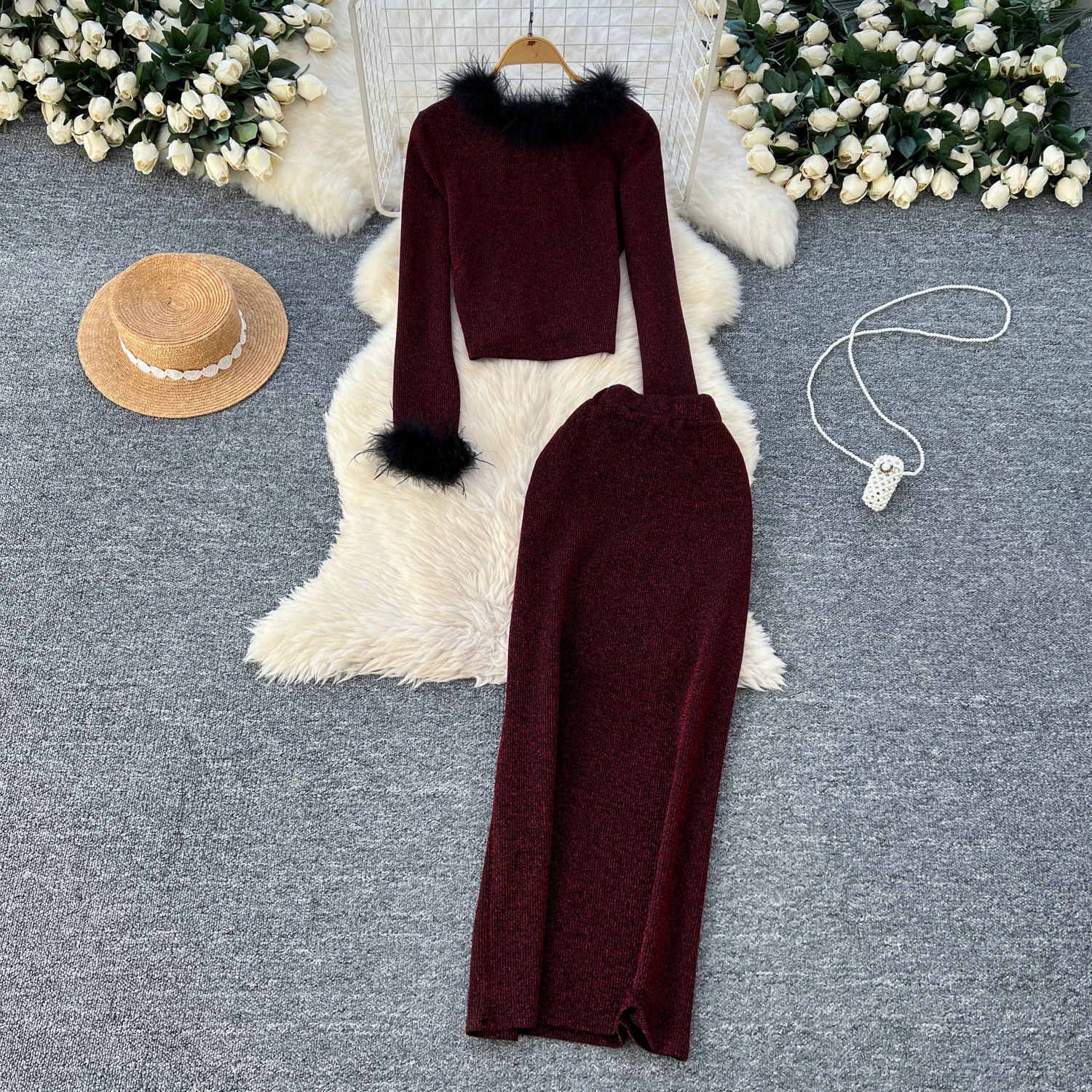 Chic Women Two-Piece Sets Vintage Faux Collar Single Breasted Top and High Waist Skirt Korean High Street Autumn Winter Clothing