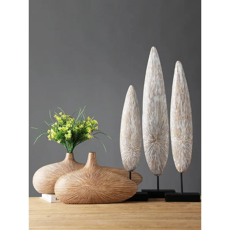 Modern Line Stripe Resin Vase Flower Arrangement Dried Flower Imitation Wood Vase Bookcase Desktop Decoration Crafts Furnishings