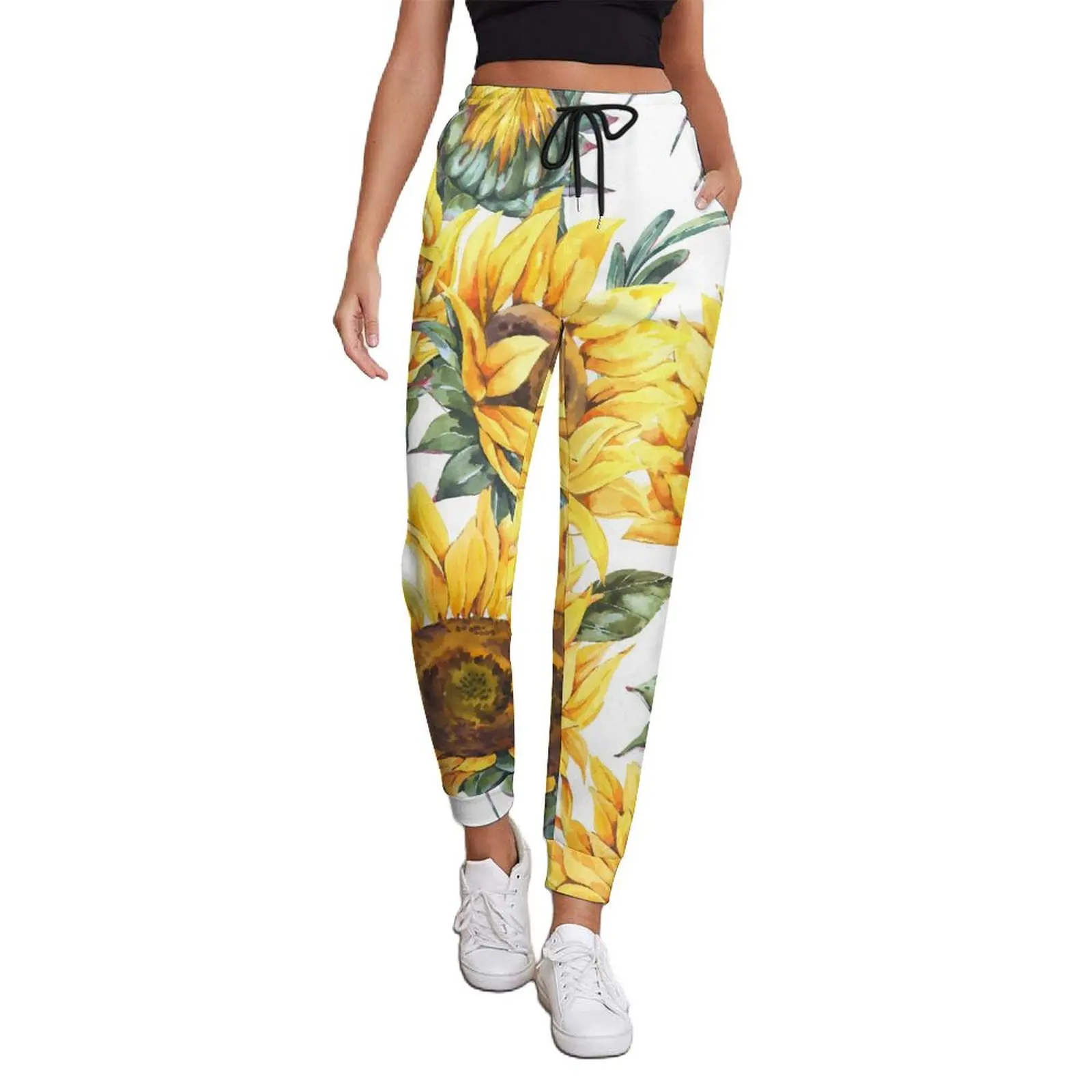 

Watercolor Sunflower Pants Spring Yellow Floral Pirnt Vintage Sweatpants Ladies Streetwear Custom Trousers Big Size 3XL