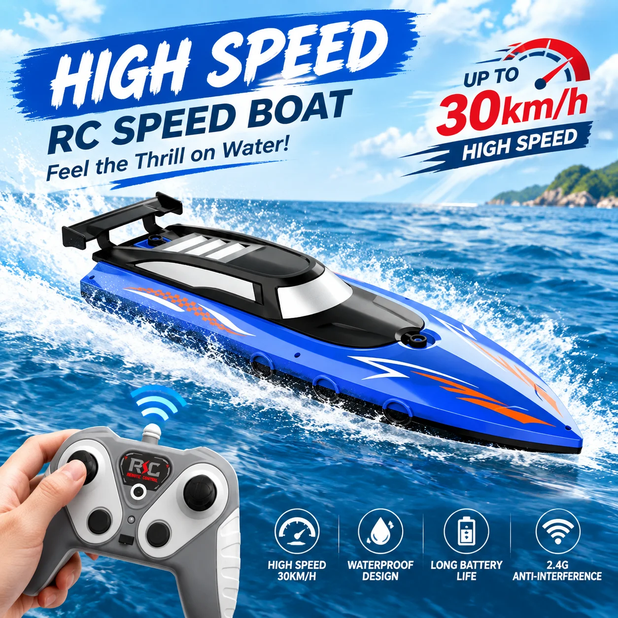 2.4GHZ remote control boat, large high-speed speedboat, high horsepower waterproof children's remote control toy