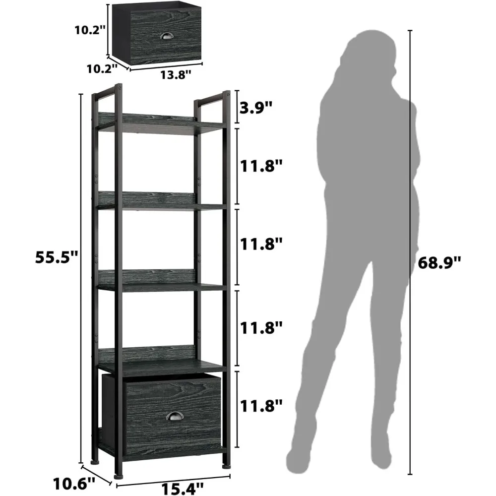 رف كتب من فورولوجي مكون من 5 طبقات مع درج، رف خبازات المطبخ مع مساحة تخزين، خزانة كتب ضيقة طويلة، شاشة صناعية قائمة بذاتها