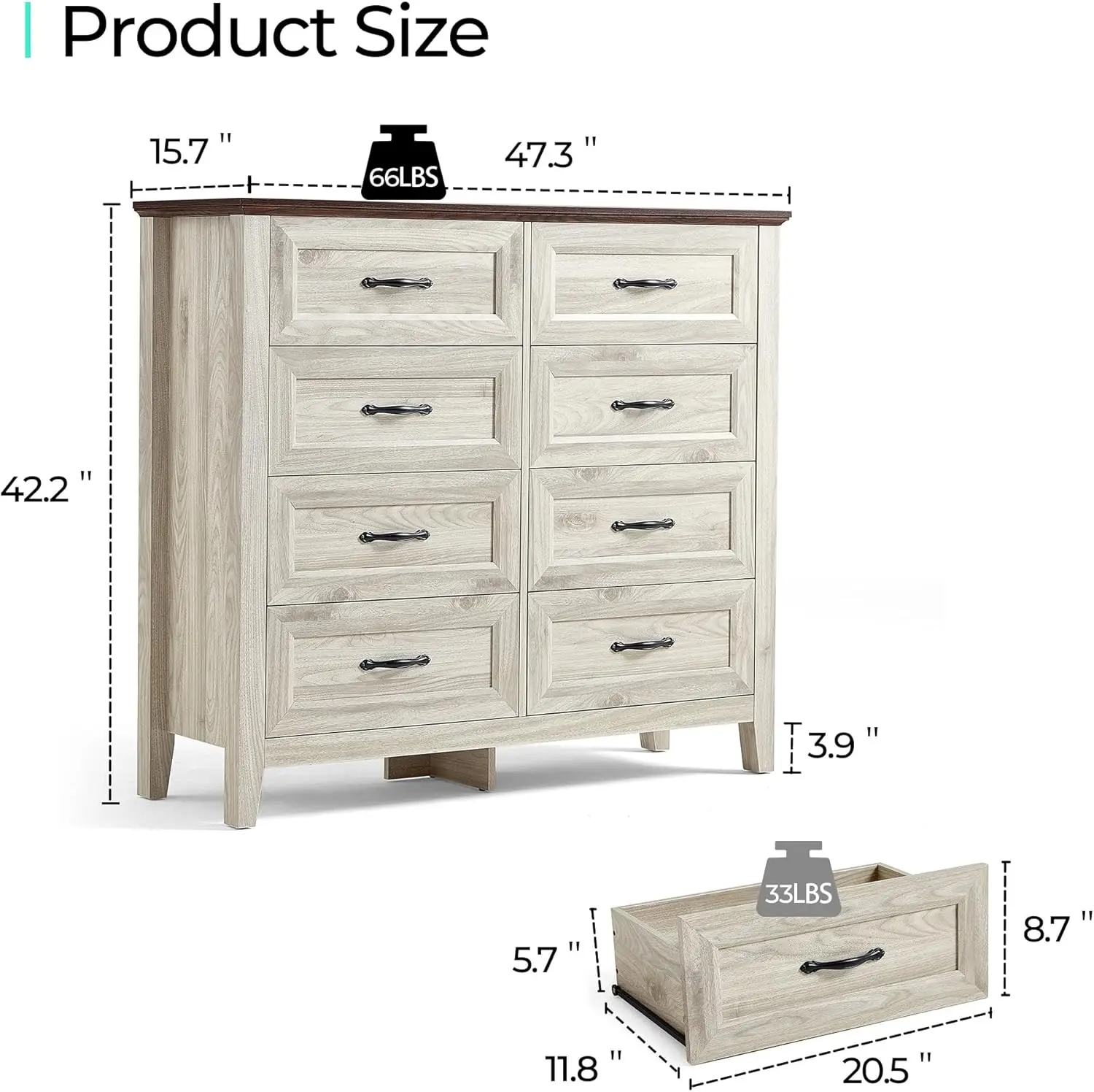 HOME Dresser for Bedroom, 8 Drawer Dresser with Metal Handles, White Chest of Drawers for Living Room, Entryway and Hallway, Whi