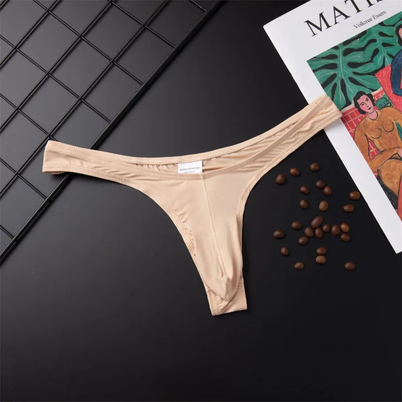 Sexy Briefs Underwear Men Summer Breathable Silky Thongs Ultra-thin Seamless Low Rise G-Strings Male Solid Color Pouch Panties