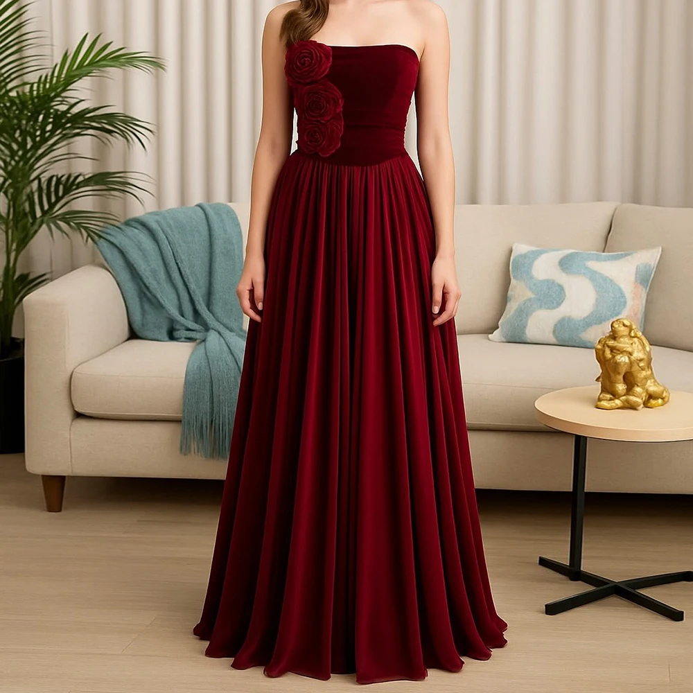 

Customized A-line Evening Dresses Floor-length Strapless Sleeveless Prom Gown Fsahion Flowers Simple Draped Backless Party Gown