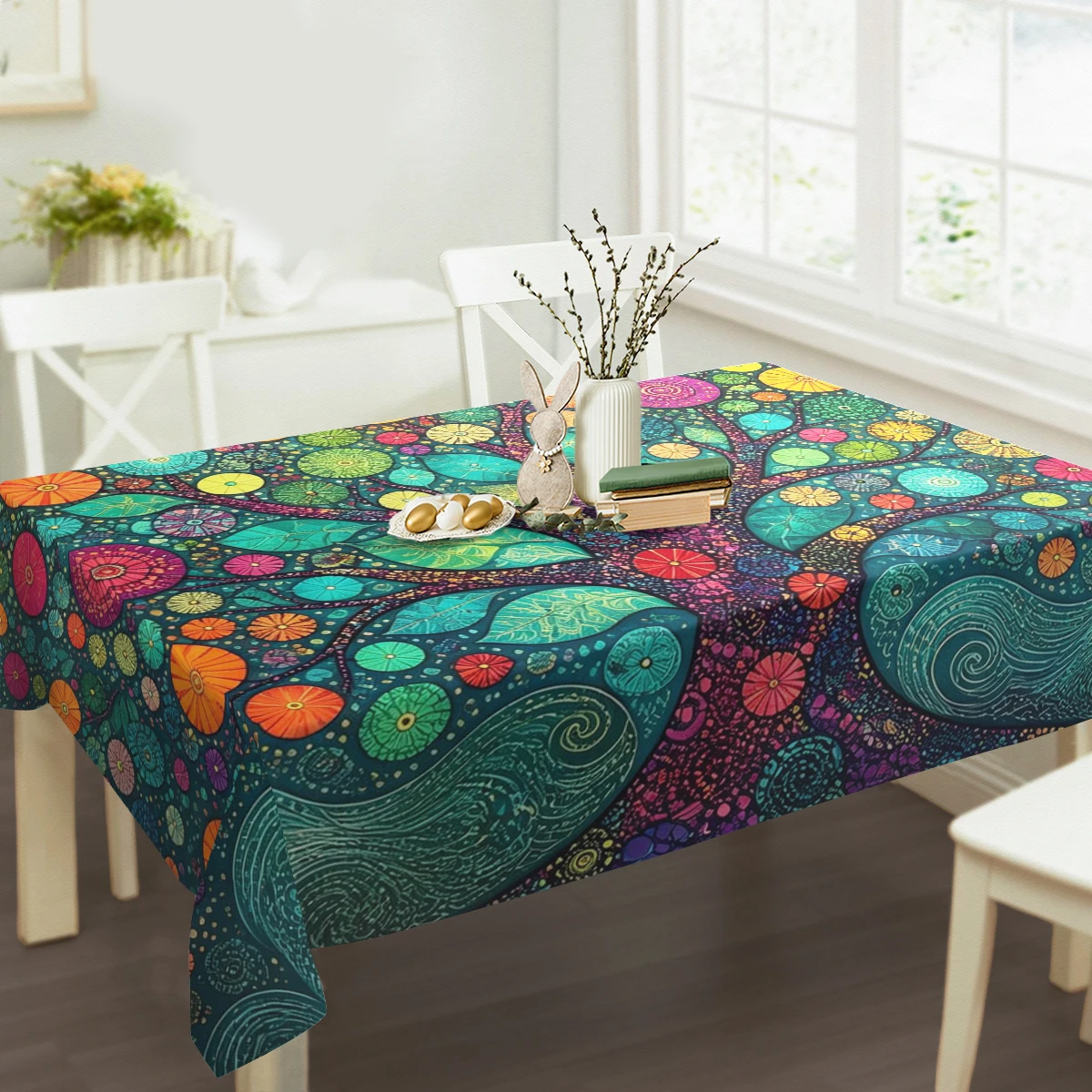 Festive Winter Hummingbird Snowflake Pattern Polyester Tablecloth, Decorative Dining Table Cover for Xmas Home Party Decor