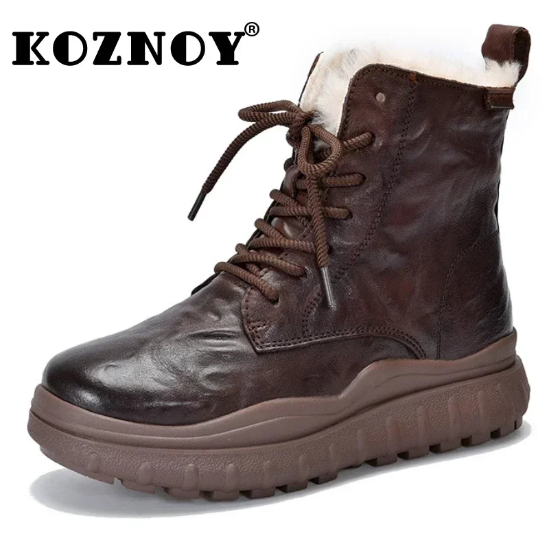 Koznoy 5cm Woman Autumn Genuine Leather Moccasins Platform Wedge Ankle Boots Spring Booties Ethnic Cowgirl Winter Plush Shoes