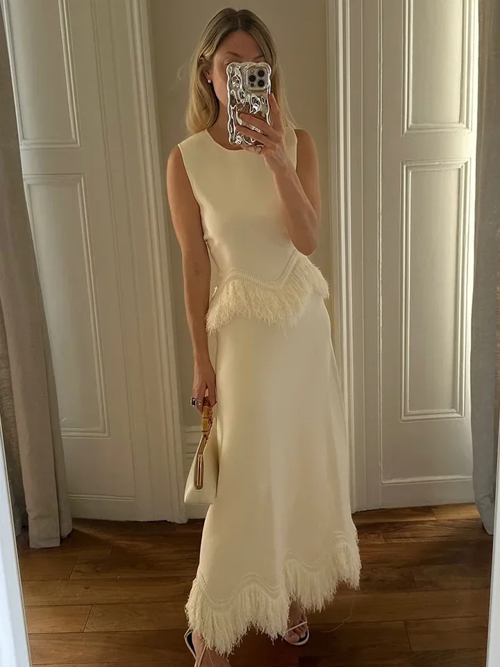 

Elegant Tassel Splicing Two Piece Set Spring Women O-neck Sleeveless Top+High Waist Irregular Knee Length Skirt Female Outfit