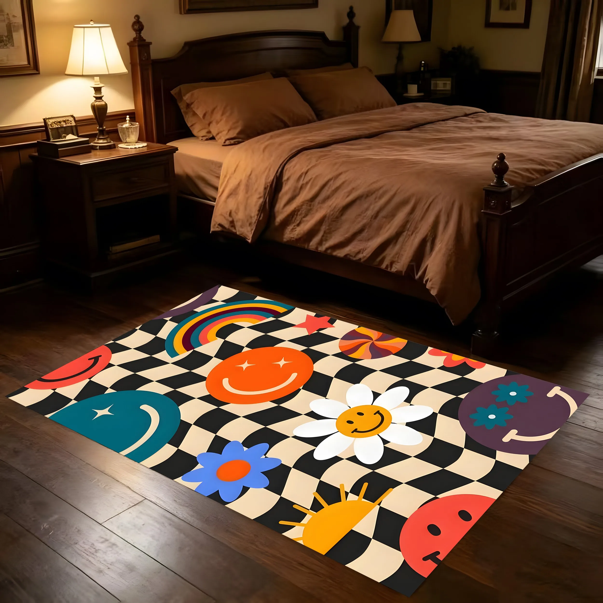 Twisted Checkerboard Pattern, Smiley Faces, Flowers, Rainbow Elements, American Retro Dopamine Style, Children's Day Children's Room/Bedroom/Living Room, Lively and Healing Soft Furnishings, Velvet Carpet