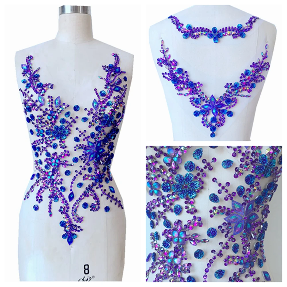 handmade  crystal patches sew on purple rhinestones applique on mesh trim for dress front and back