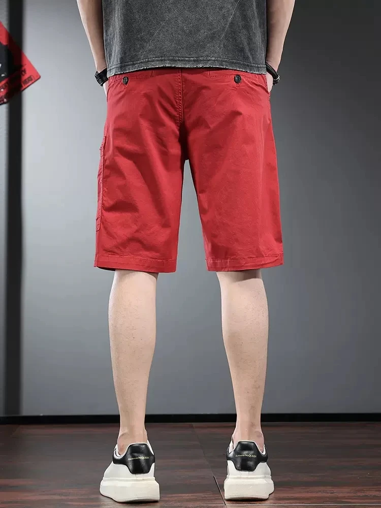 Cotton Baggy Men's Shorts Summer Fashion Red Multiple Pockets Straight Knee Length Shorts CP2292