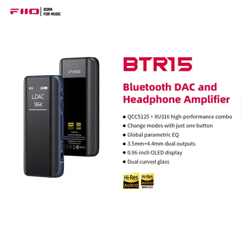 FiiO 블루투스 5.1 헤드폰 앰프, BTR15, DSD256 리시버, LDAC, aptX 적응형, 3.5mm, 4.4mm