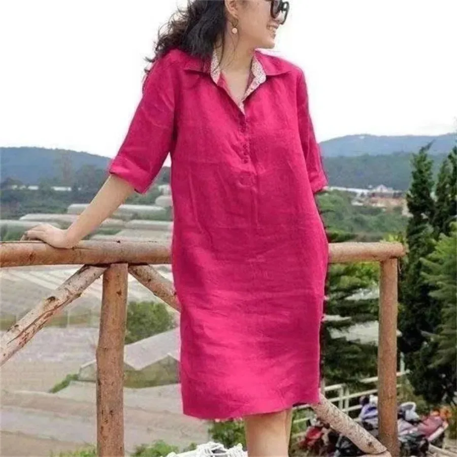 New 2024 Women\'s Casual Shirt Long Dress Oversized Lapel V-neck Buttons Neckline Half Sleeve Solid Dress Female Vestidos S-5XL