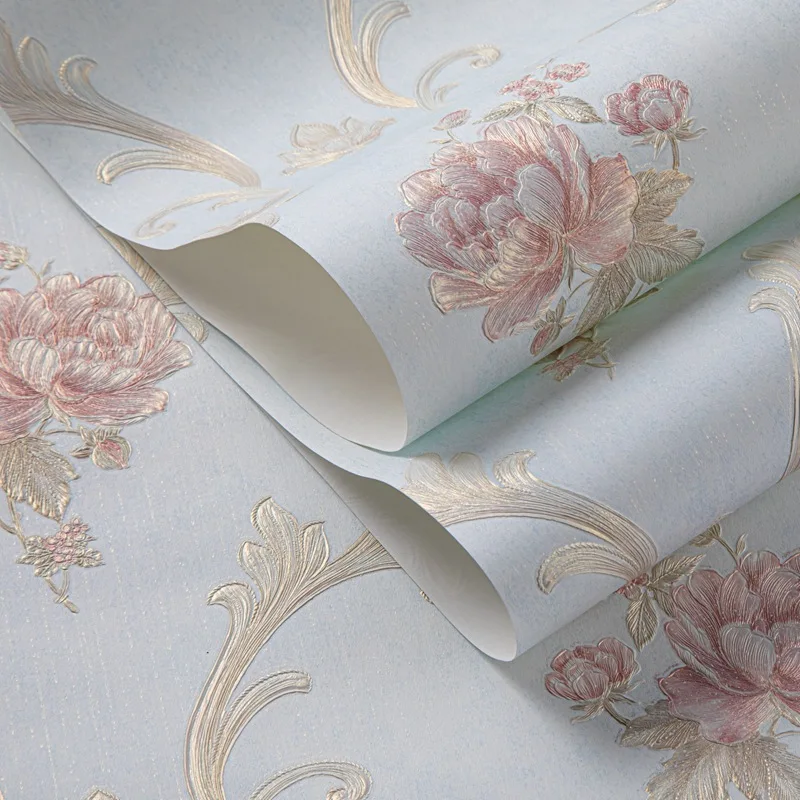 Light Blue 3D European Large Flower Embossed Wallpaper for Bedroom Living Room Hotel Export Luxury Relief Background Wall Paper