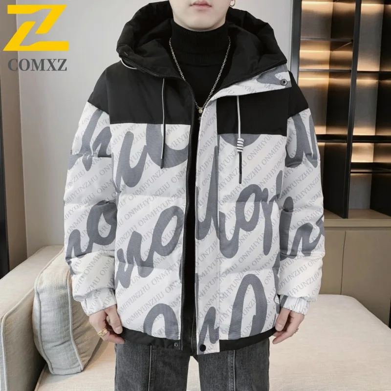COMXZ Men padded Clothing Autumn Winter New Color-block Trend Print Thickened Warm Outdoor Sports Stand Collar Coat Down Jacket