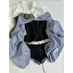 2000s Sweet Hot Girl vestito Sexy donna autunno a righe manica a bolle con spalle scoperte pantaloncini a vita bassa due pezzi Set vestiti femminili