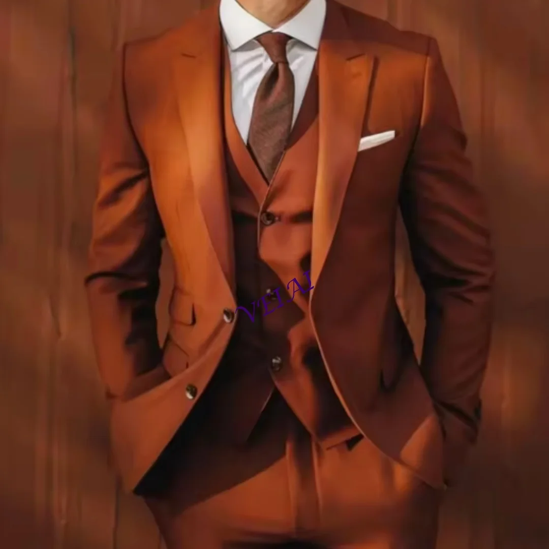 

CustomizedElegant Solid Men Suits 3 Piece Single Breasted Peak Lapel Tuxedo Groom Wedding Party Chic Daily Casual Slim Male Suit