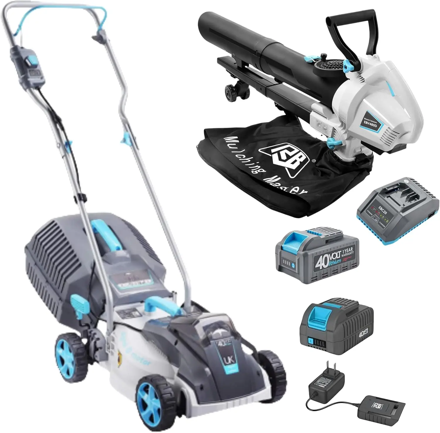 

3-in-1 Leaf Blower/Vacuum/Mulcher with 40V 4.0Ah Battery & Fast Charger and 13" Lawnmower with 40V 2.0Ah Battery & Charger