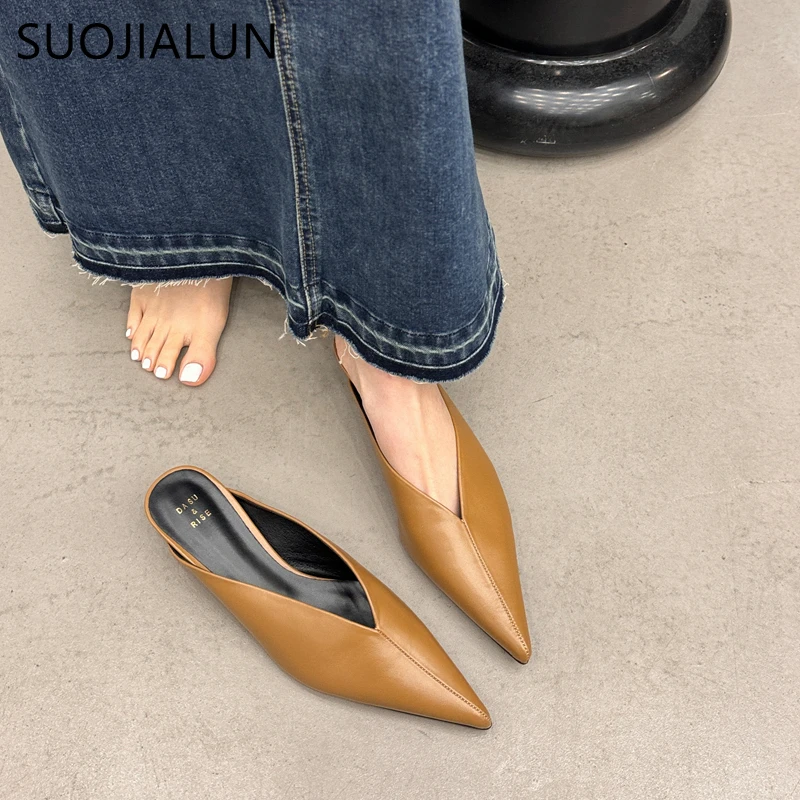 SUOJAILUN 2024 Sping New Brand Women Mules Shoes Fashion Pointed Toe Shallow Slip On Slipper Shoes Thin Low Heel Dress Sandal