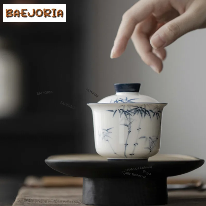BAEJORIA 100ml Hand-painted Bamboo Cover Bowl Household Underglaze Color Gaiwan Luxury Tea Cup Tea Brewing Chinese Tea Gifts