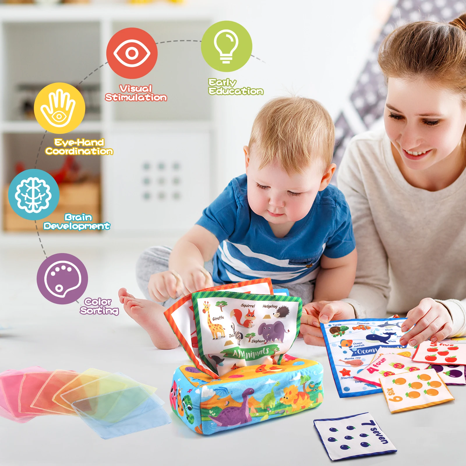 Baby Tissue Box Colorful Soft Sensory Toy For Toddler Finger Exercise Pumping Silk Scarf Gifts 0-18M Montessori Educational Toys
