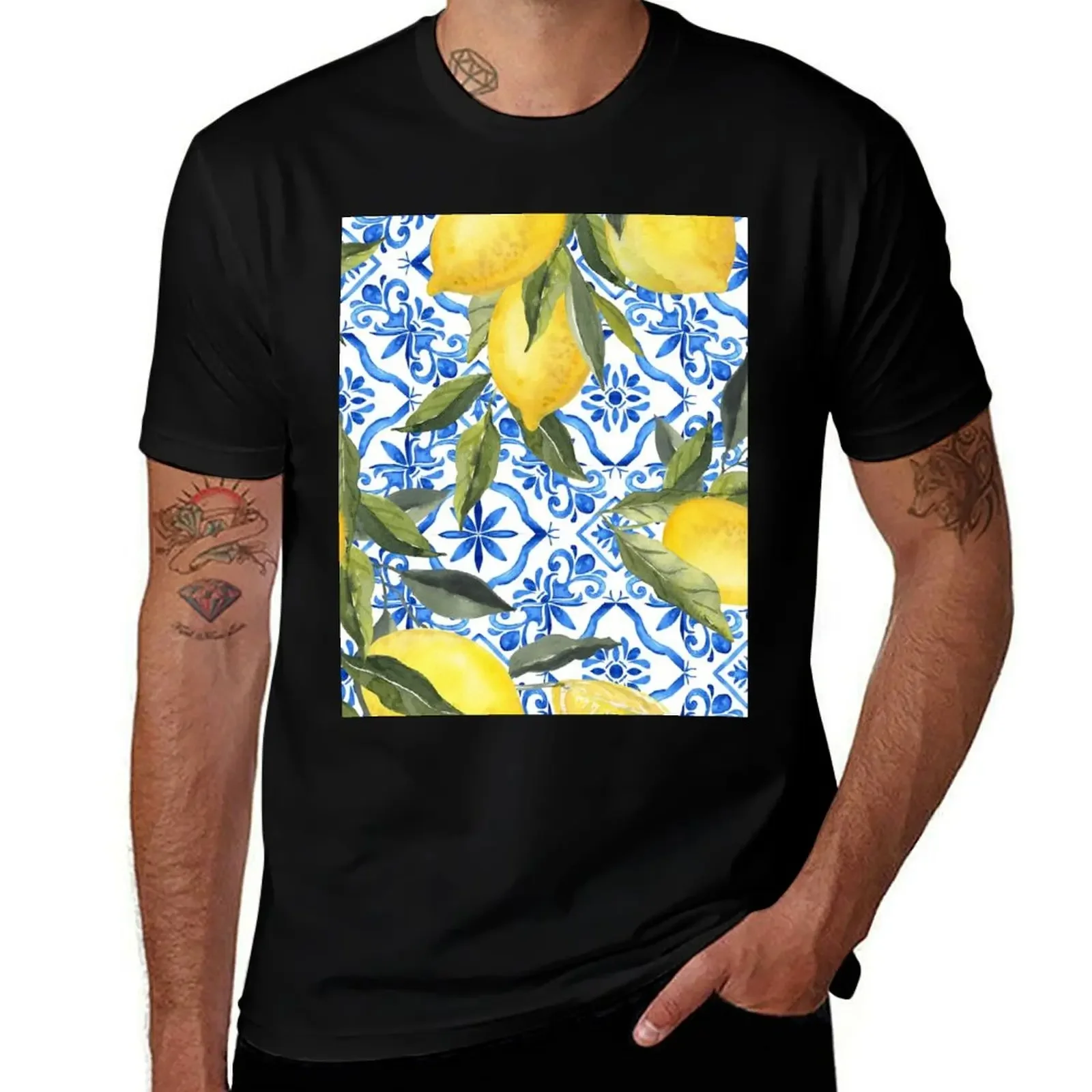 Lemons on Blue Tiles T-Shirt Clothing graphic t shirts Blouse Men's t shirts