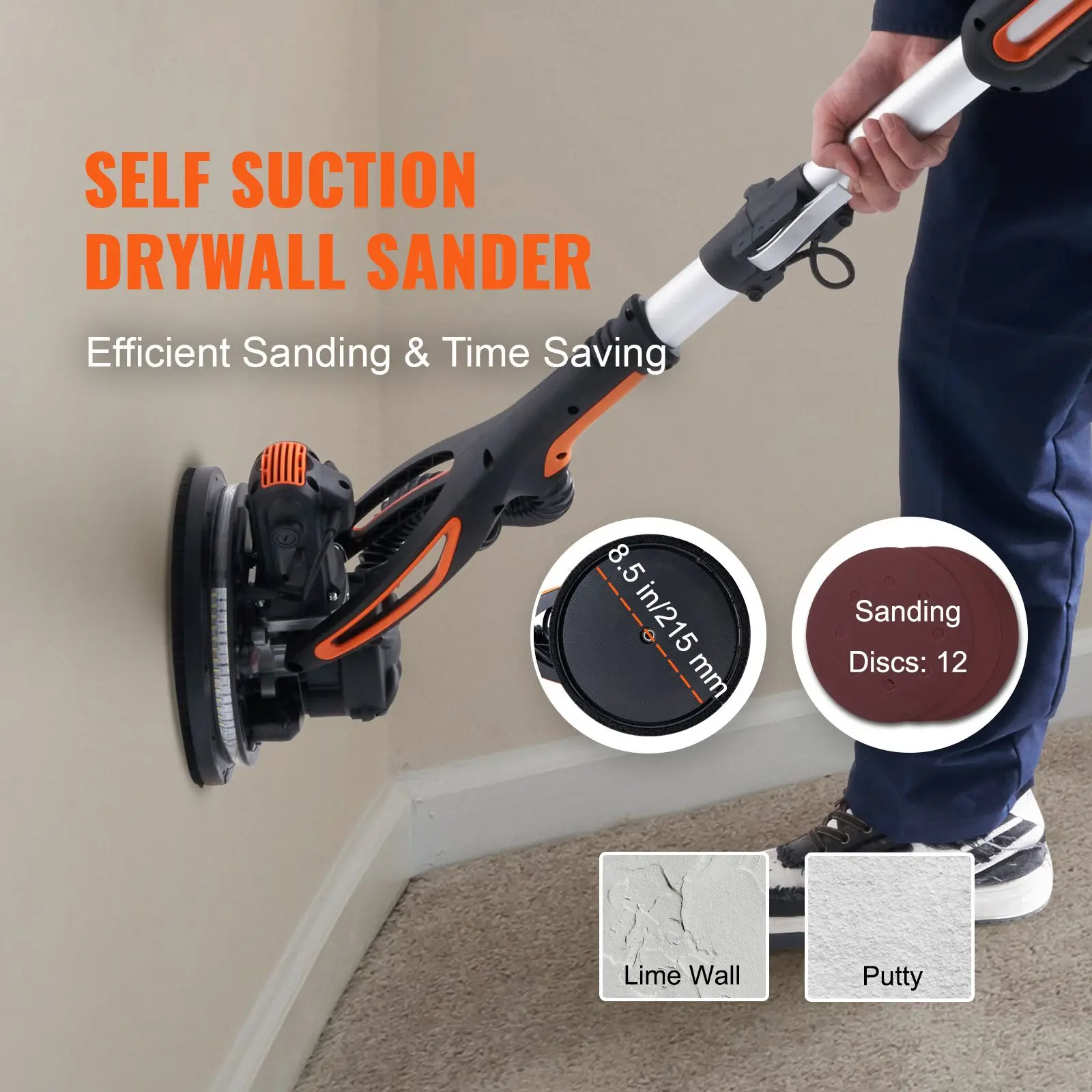 Wall Smoother, 900W Power Tool, Includes 12 Sanding Pads, Adjustable Speeds from 800-1800 RPM, 3 Vacuum Tubes, Collapsible Design for Ceilings, Dual LED, Telescopic Grip & Dust Collector