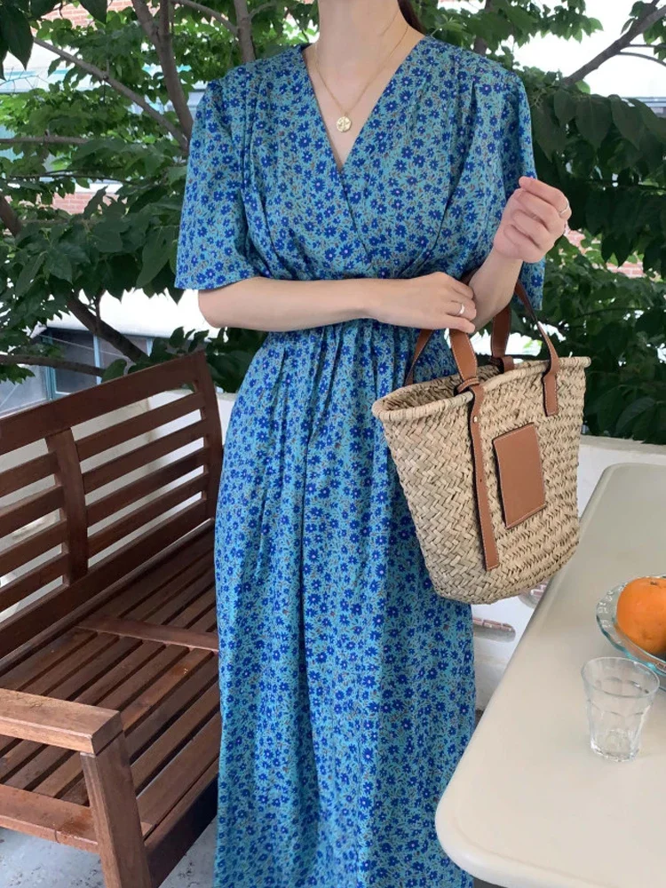 

Summer 2025New Korean Sle Tea Break V-neck High Waist Slimming Floral Long Dress Women's Fashion Commute Bubble Sleeve XY29