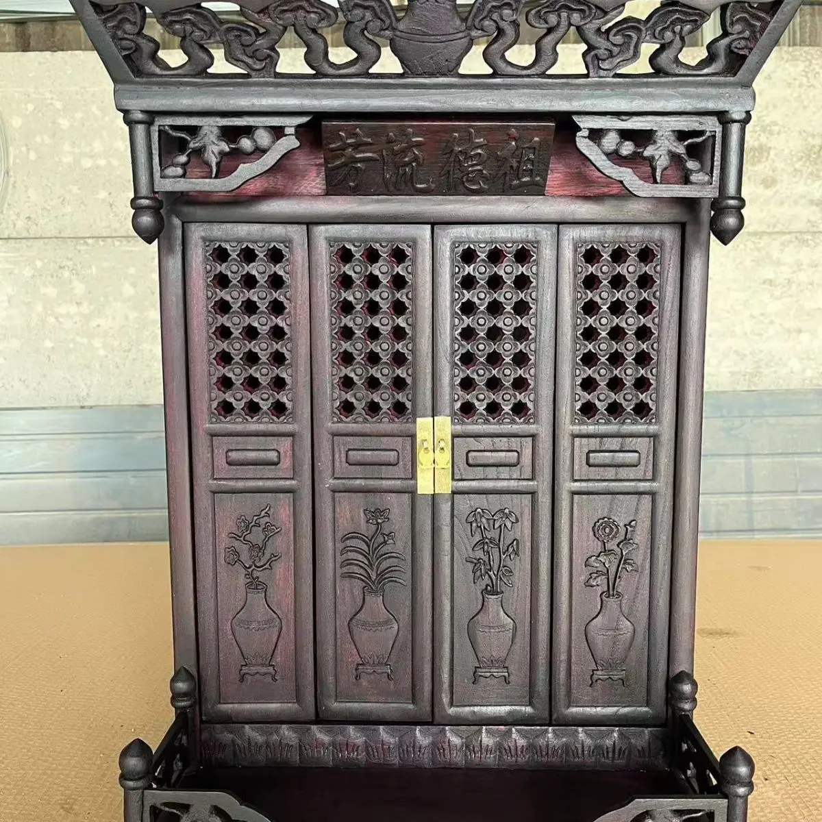 Antique Buddhist niche with door tablet, niche solid wood carved ancestral niche hanging cabinet