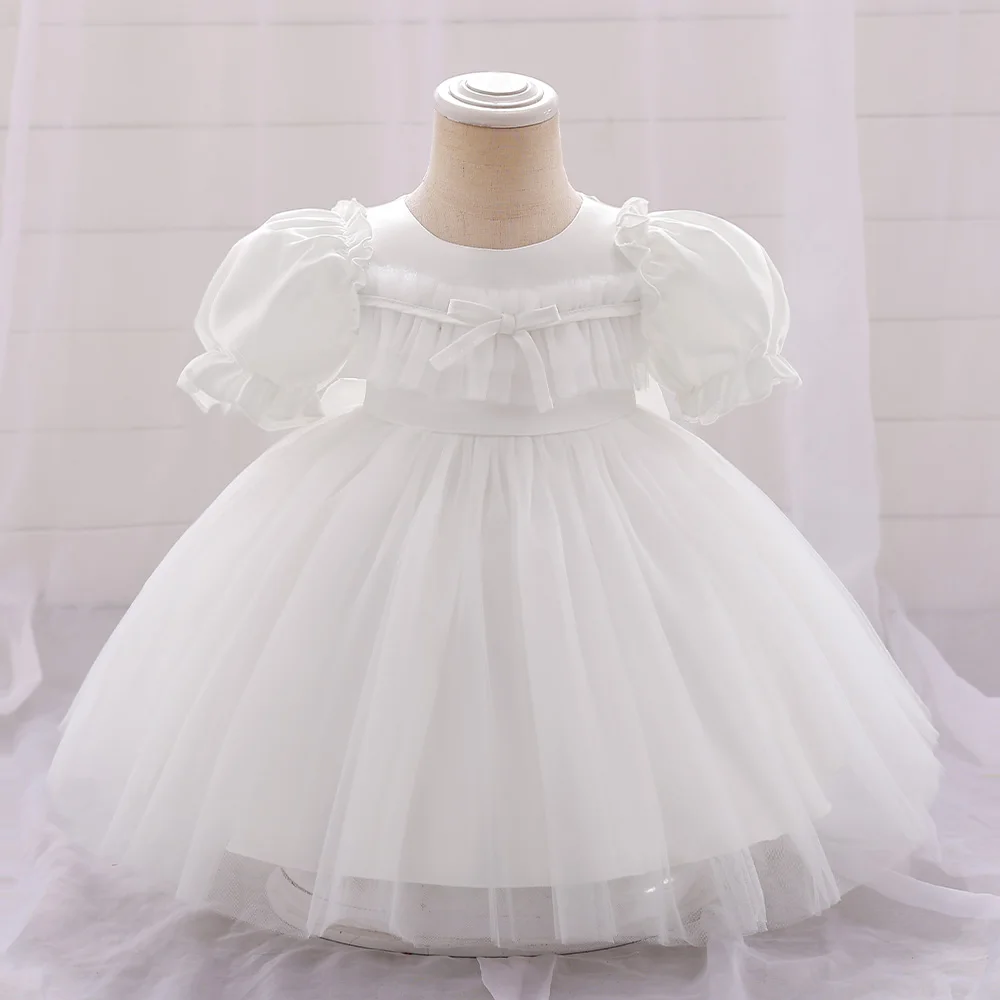 Toddler Bow Baby Girl Dress Christmas Costume 1st Birthday Princess Party Kids Dresses for Girls Tulle Baptism Short Sleeve Gown