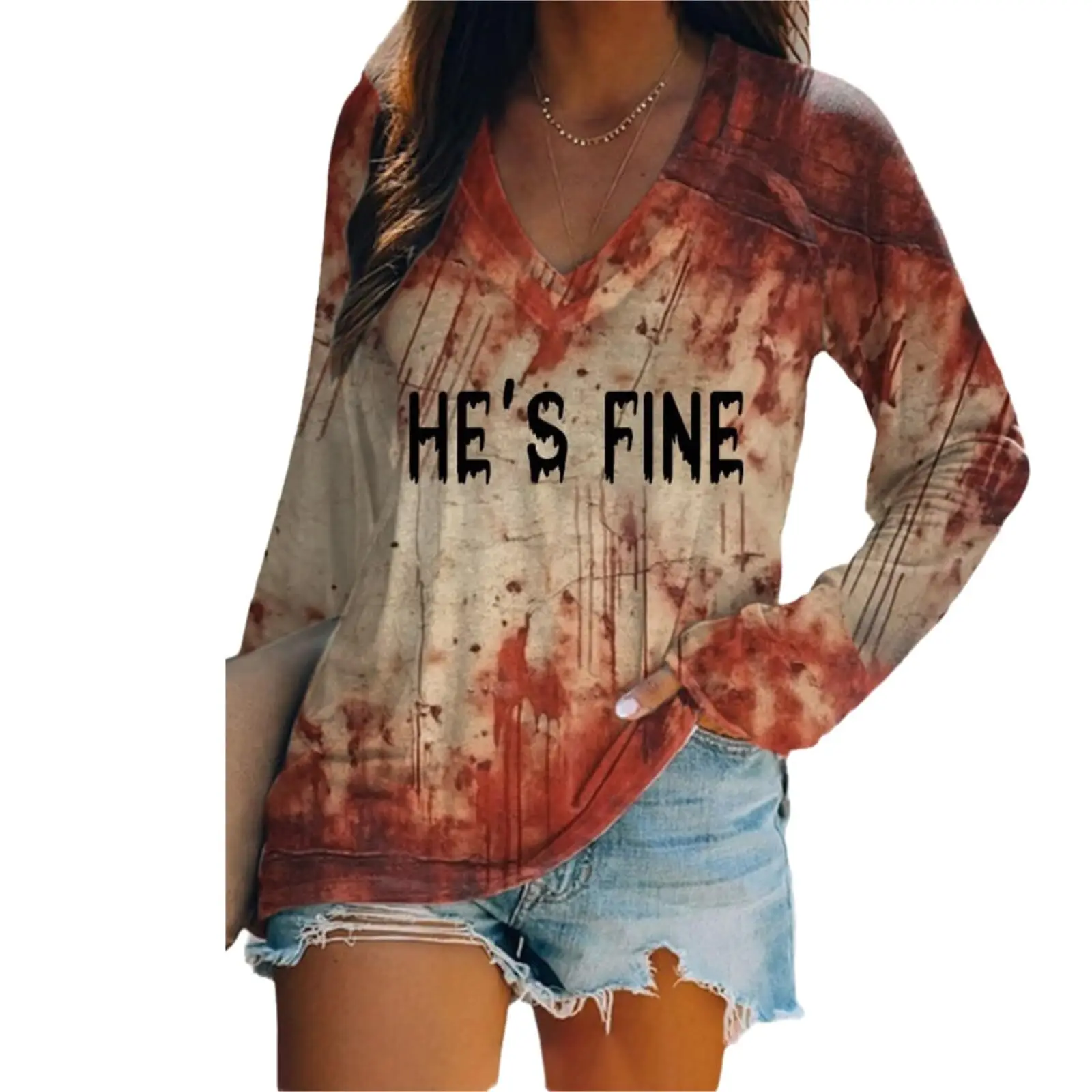 

Design Sense Women's T-Shirt Cross-Border Source Comfortable Horror Pattern Women's Halloween Series Long Sleeved V-NeckWA21