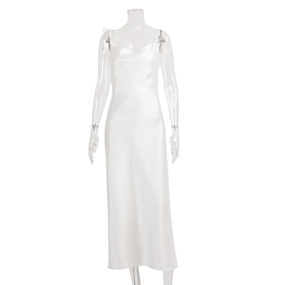 DSMTRC Women Clothes Birthday Party Elegant Y2K Satin Long Dress 2024 New Summer White Solid Spaghetti Strap Bodycon Prom Dress