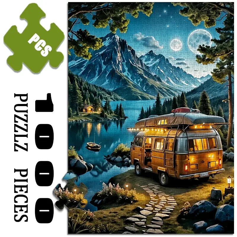 1000pcs Large Jigsaw Puzzle - Vintage Camper, Lake, Mountains, and Cabin Night Scene - Challenging Adult Puzzle, 1000pcs, Dura