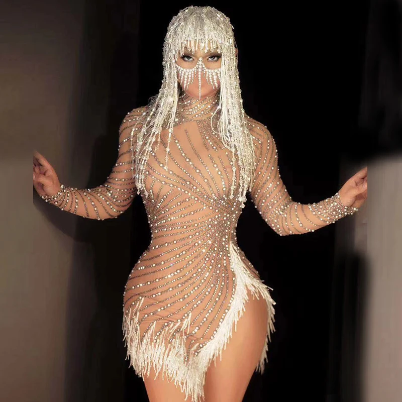 باروكات نسائية بشراشيب من الترتر الكريستالي لعروض مسرح الحفلات لملحقات شعر مستعار لامع للمطربين الراقصين