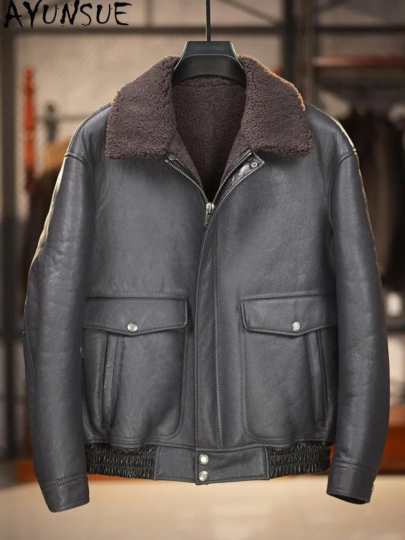 AYUNSUE Men Heavy Wash Natural Sheep Wool Integral Coat Thick Warm Genuine Sheepskin Leather Jacket Winter abrigo piel hombre