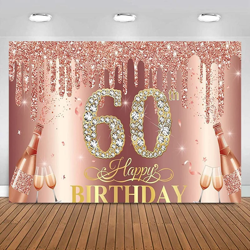 Happy 60th Birthday Banner Decoration for Women Pink Rose Gold Backdrop Sign Party Supplies Photo Decor Photography Background