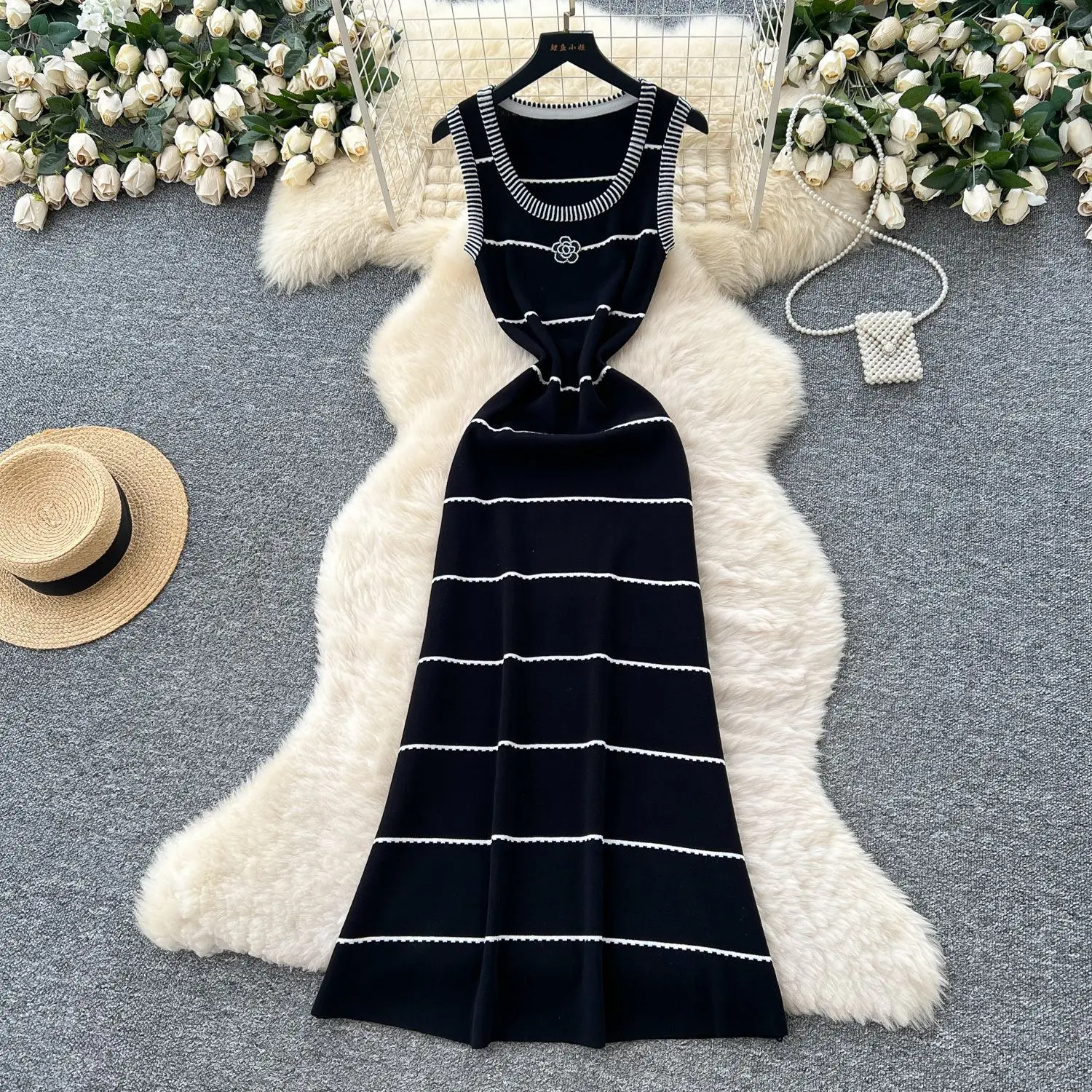 

Women Long Dress Vest Dresses Knit Vestidos Striped Streetwear Round Neck Sleeveless Elegant Splice Y2k Tight Waist Work Party