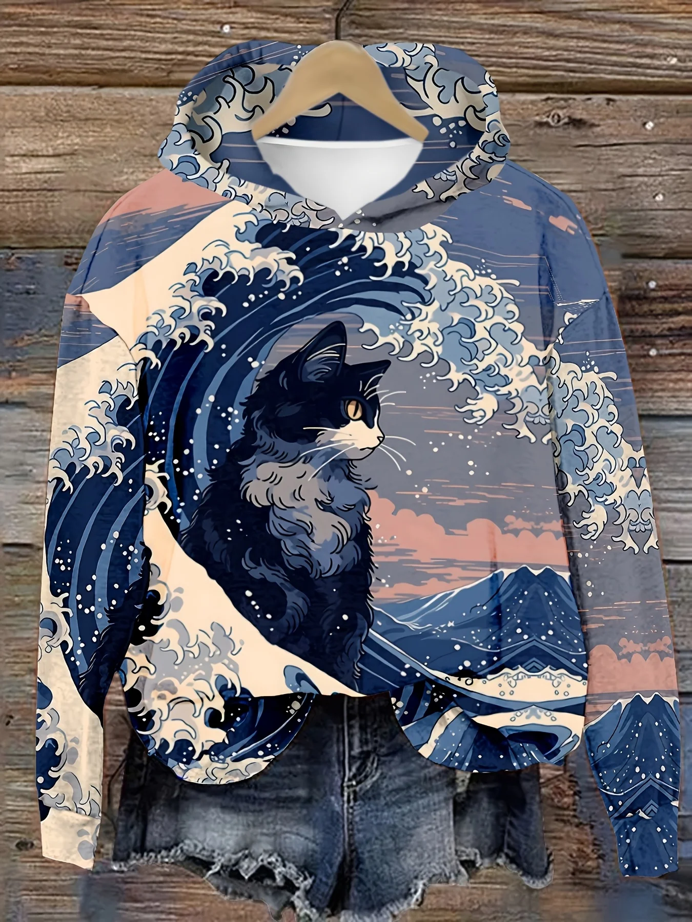 

PLstar Cosmos 3D Printed Japanese Wave Cat Pattern Women's Casual Hoodie