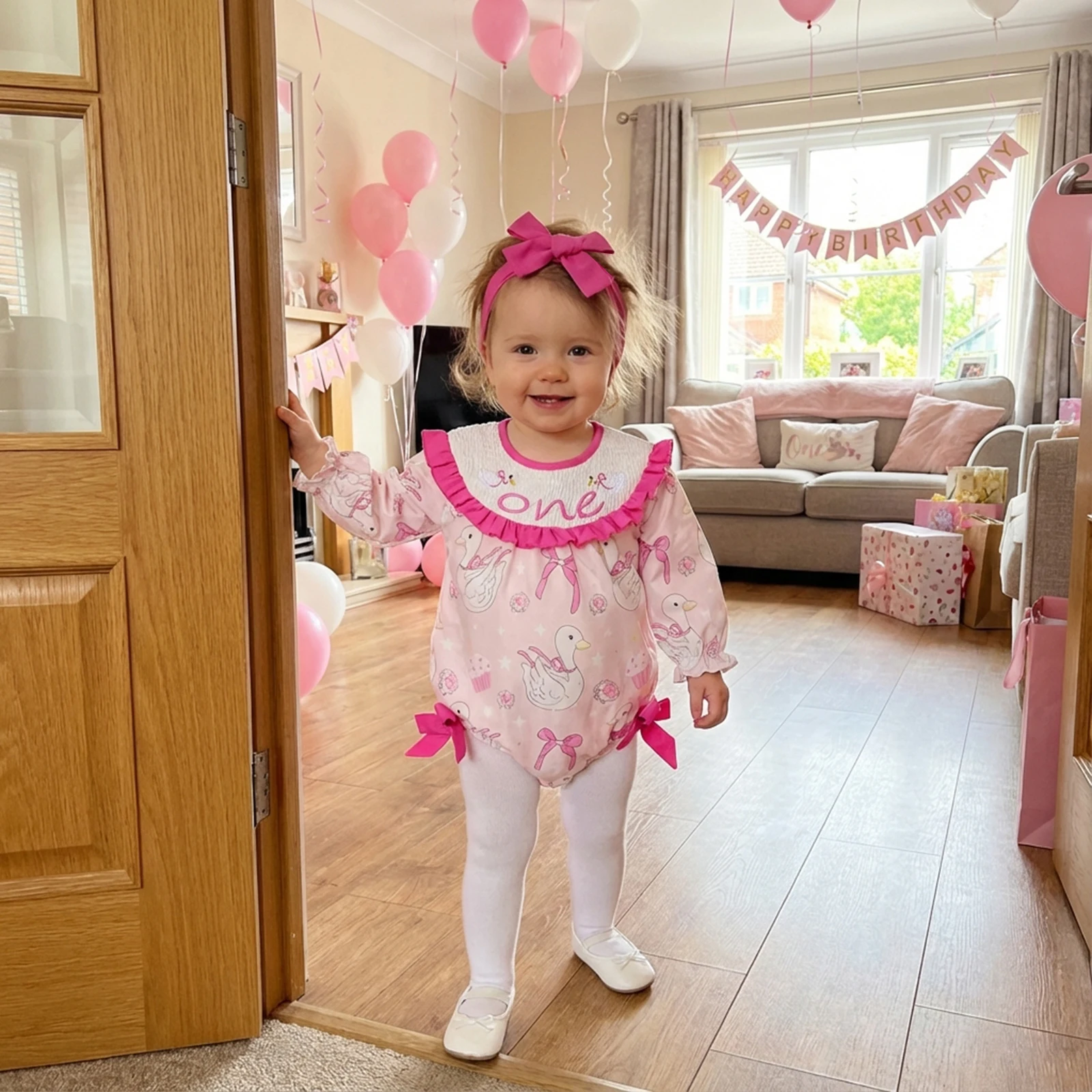Infant Girl Birthday Romper Outfit Puff Long Sleeve Crew Neck Goose Letters Embroidery Romper and Headband 2Pcs Set