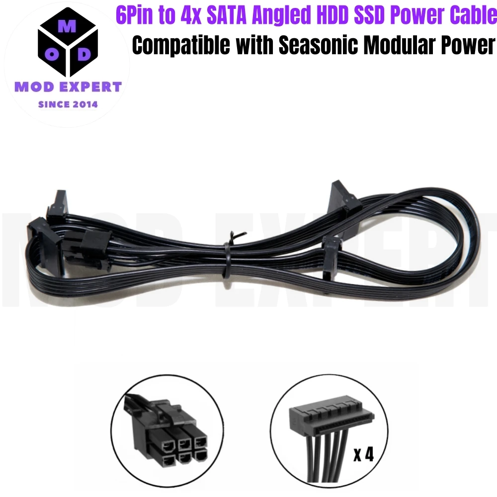 

6Pin to 4x SATA Male Angled, HDD SSD Power Cable for Seasonic G-750, G-650, G-550, G-450, G-360 G Series Modular Power Supply