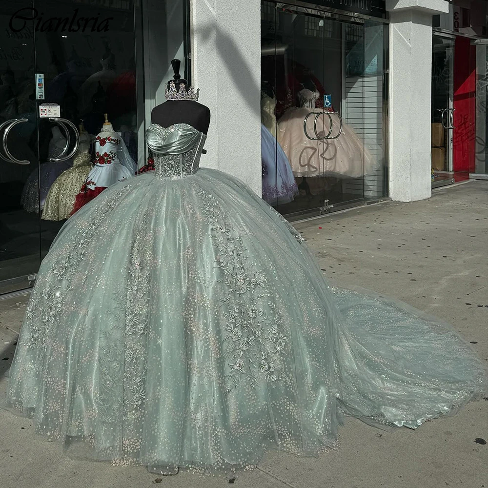 Vestido De quinceañera con apliques De cuentas De cristal, corsé De encaje, ilusión De princesa, escote Corazón, 15 Años