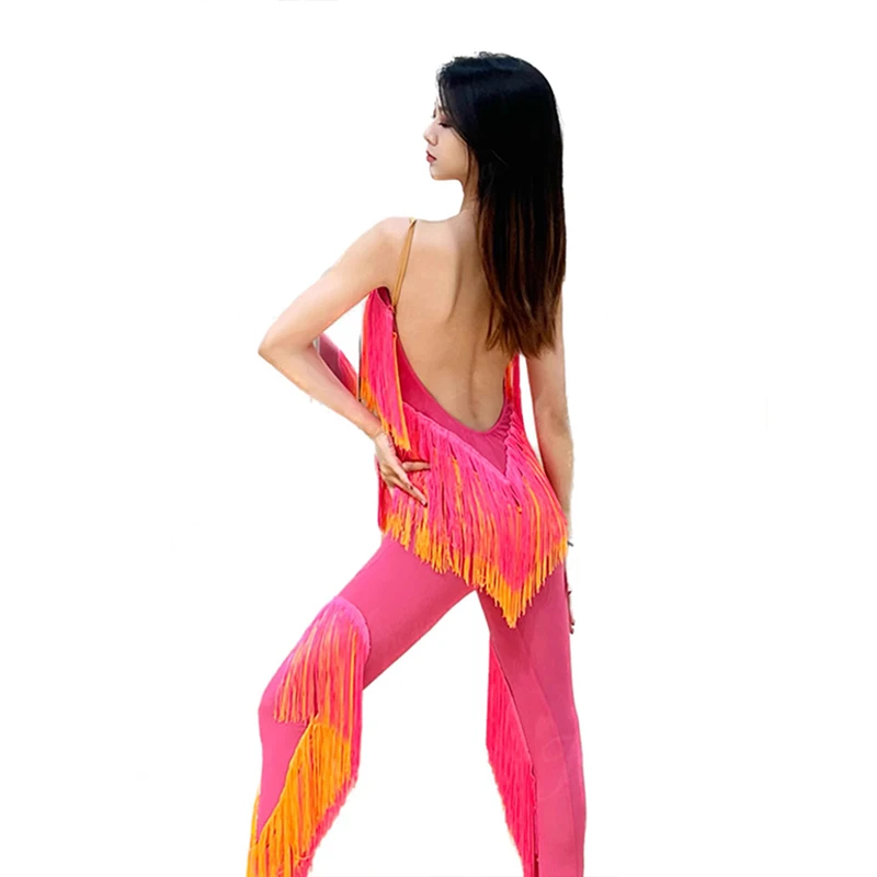 Pink Tassel Latin Dance Jumpsuit Women Cha Cha Rumba Performance Clothing Fringe Pants Latin Competition Clothes Adult DNV18019