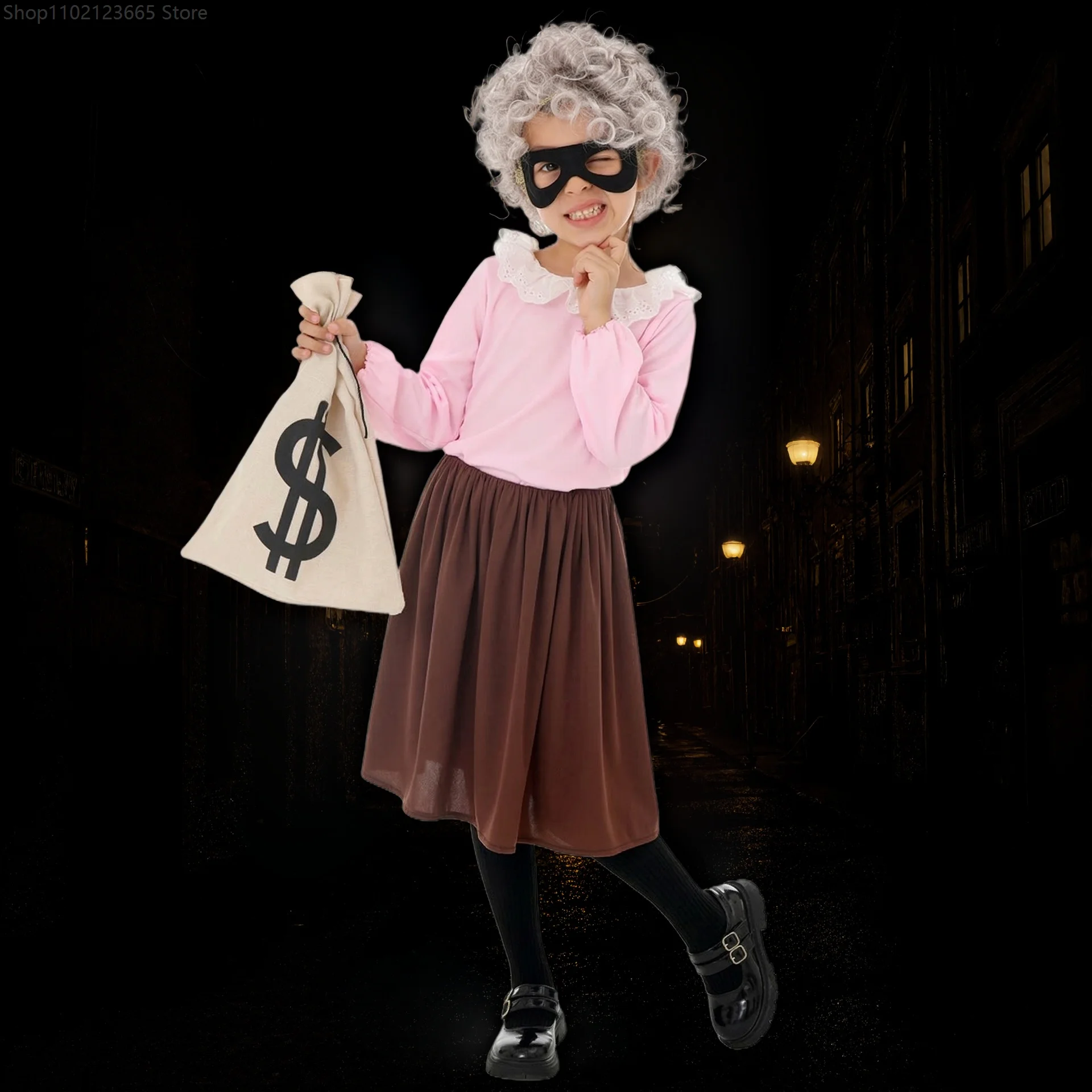 

Niños 100 Días Of School Costume Enfant Gangsta Granny Cosplay School Stage Performance Pink Shirt Dress Chicas Full Set Wig