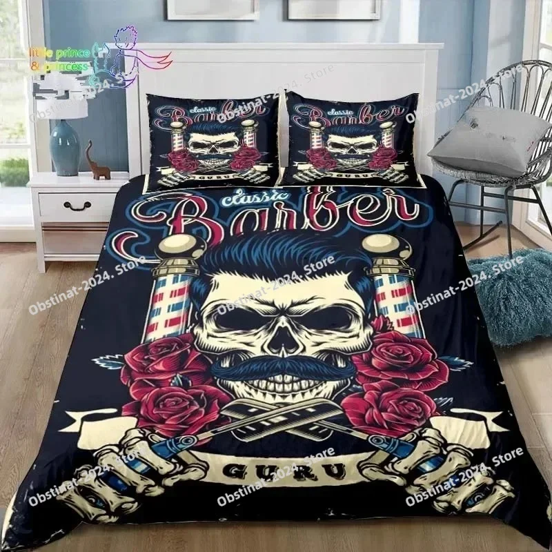

Vintage Barber Shop Skull Sign Bedding Set Single Twin Full Queen King Size Bed Set Adult Kid Bedroom 3D Print Bedding Gift